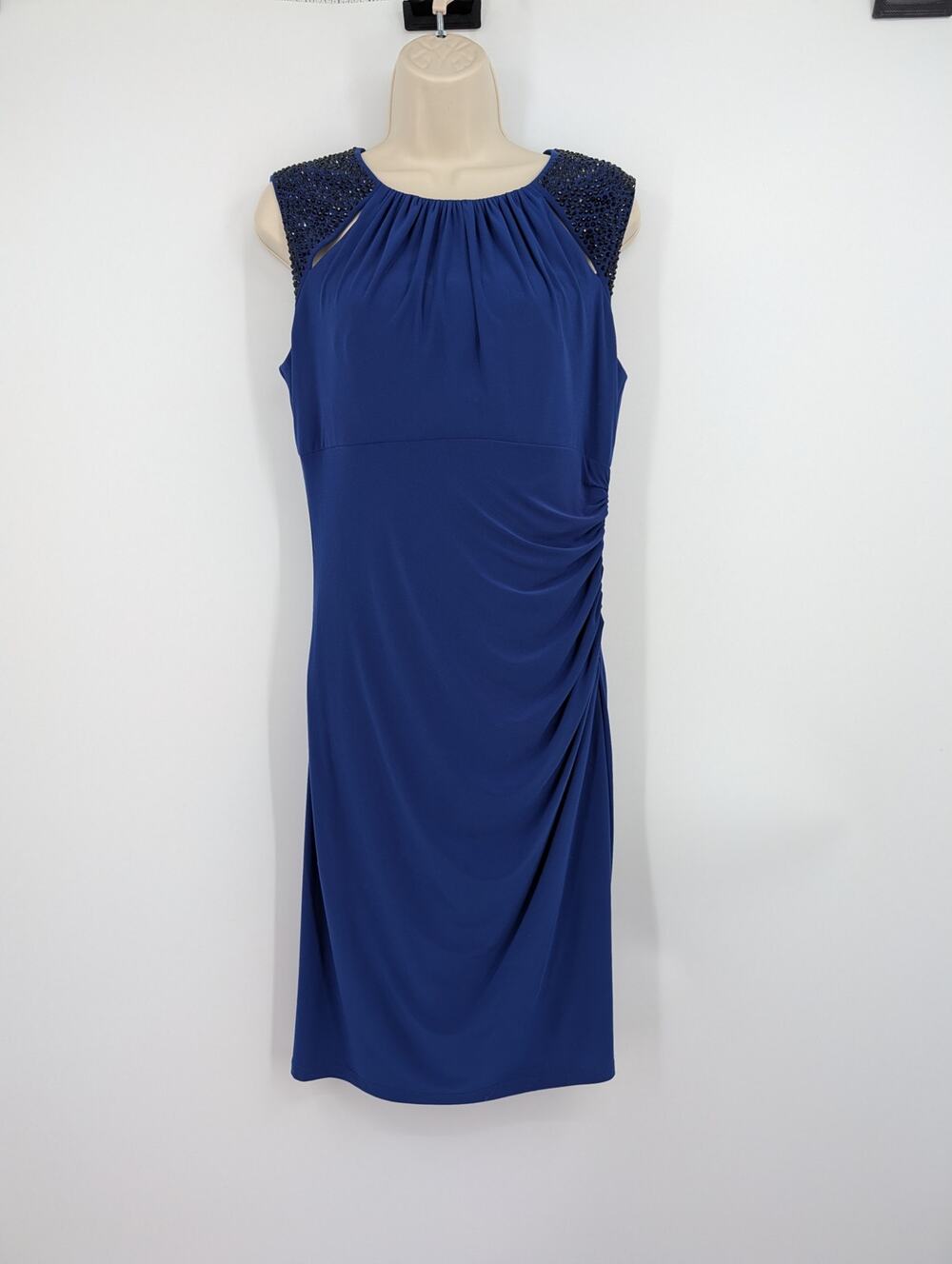 Cache Studded Blue Ruched Sheath Dress Sz 10 Occasion Event Glam Bling Cocktail
